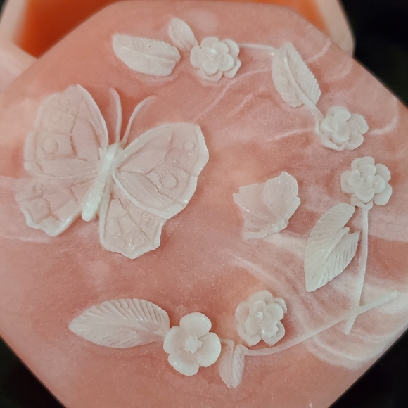 Vntg Handcarved Design Gifts Incolay Stone Pink Octagon Jewelry Trinket Box 🇺🇸 - Picture 4 of 10